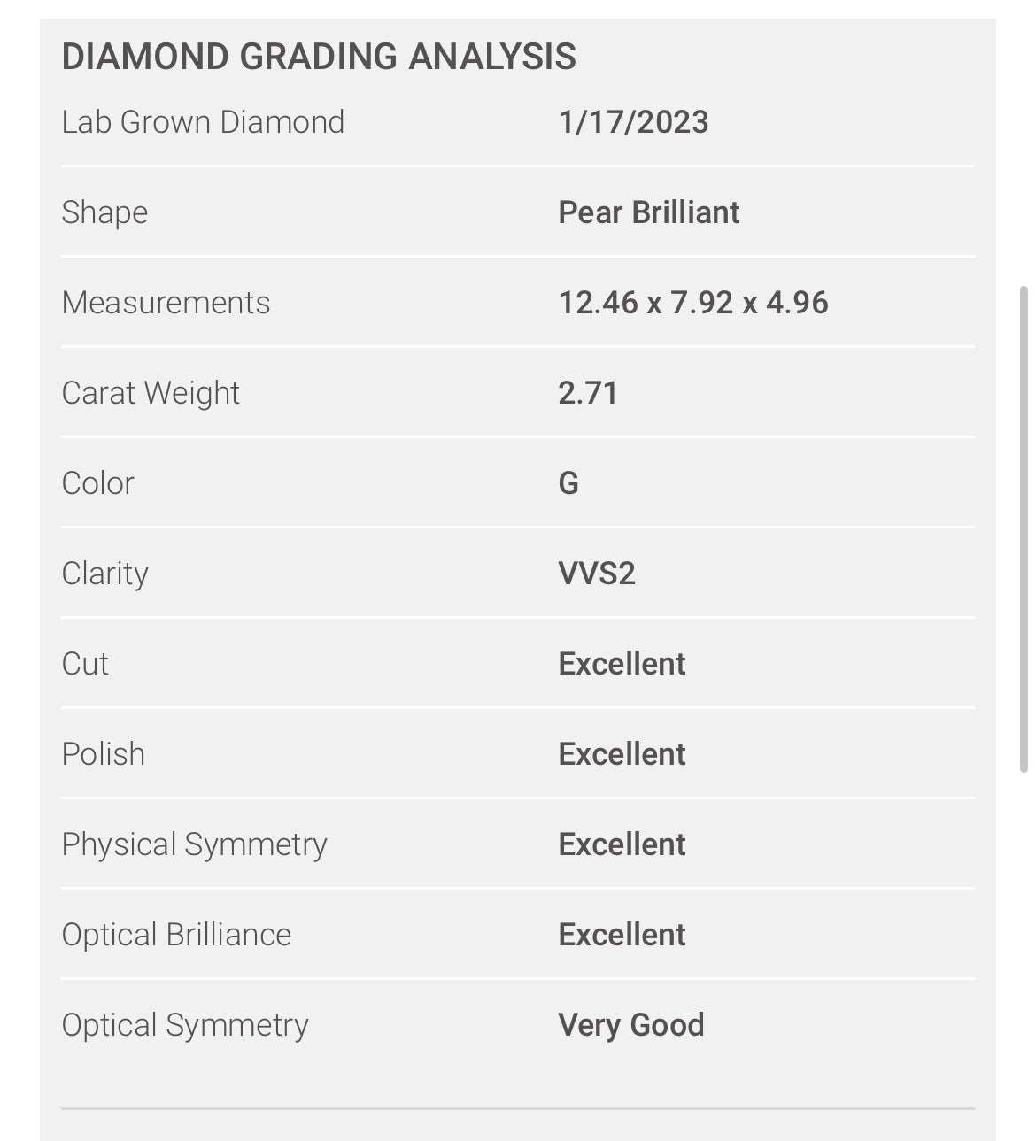 PEAR 2.70 Lab Grown Diamond , Color G , Clarity VVS2, IGI Certificate LG330041526