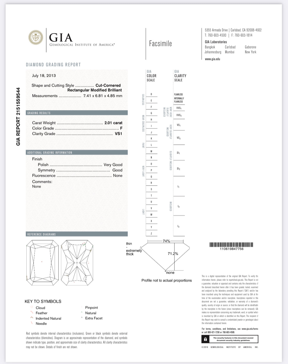 2.01 carat Natural Radiant Cut Diamond , Color F , Clarity VS1 - GIA 2151559544  /  Total PRICE $24,465.00/ DEPOSITED REQUESTED