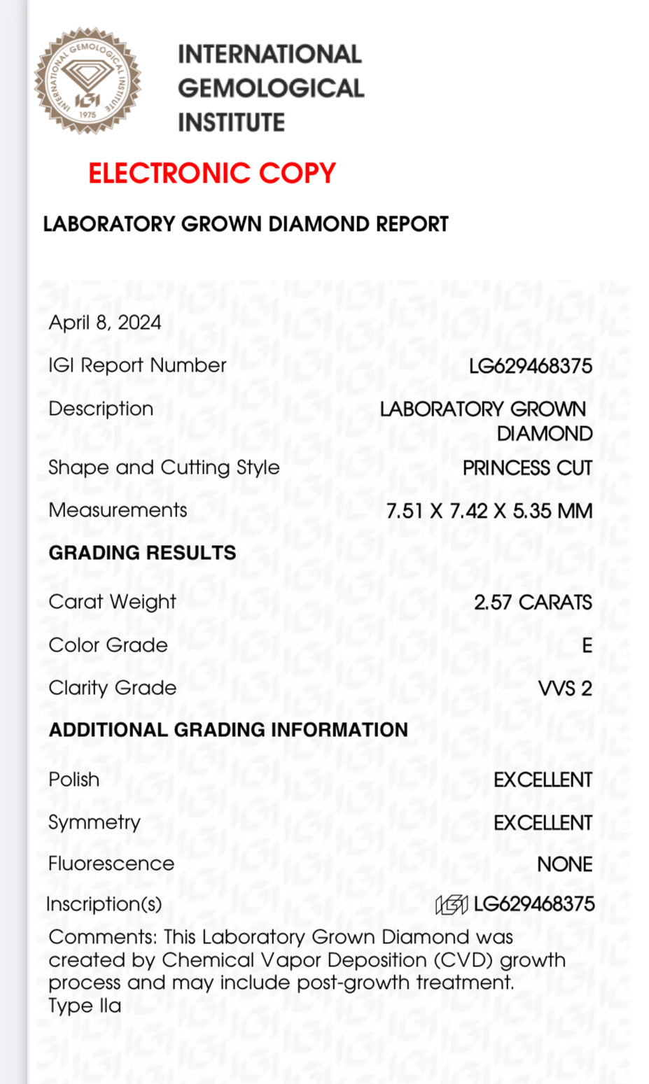 2.57 Lab Grown Princess Cut Diamond , Color E , Clarity VSS2 - LG629468375 - EXCELLENT EXCELLENT