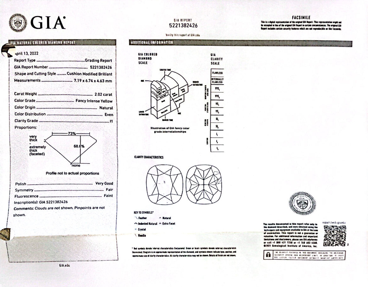 2.02 Carat Cushion Cut Diamond Color Fancy Intense Yellow , GIA Certified 5221382426 Total PRICE $16600.00 / DEPOSITED NEEDED