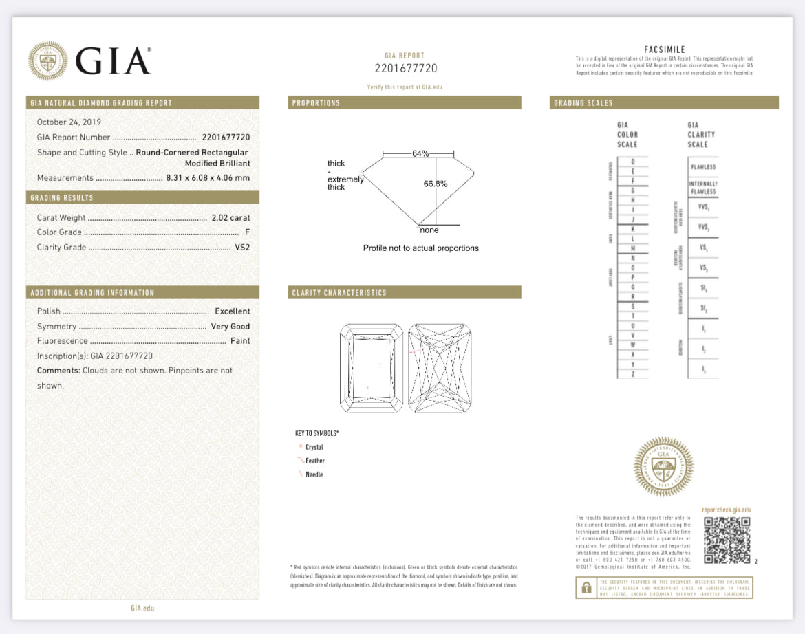2.02 carat Cushion Natural Diamond , Color F, Clarity  VS2 , GIA 2201677720 - Crisscut  Total PRICE $26,932 / DEPOSITED NEEDED