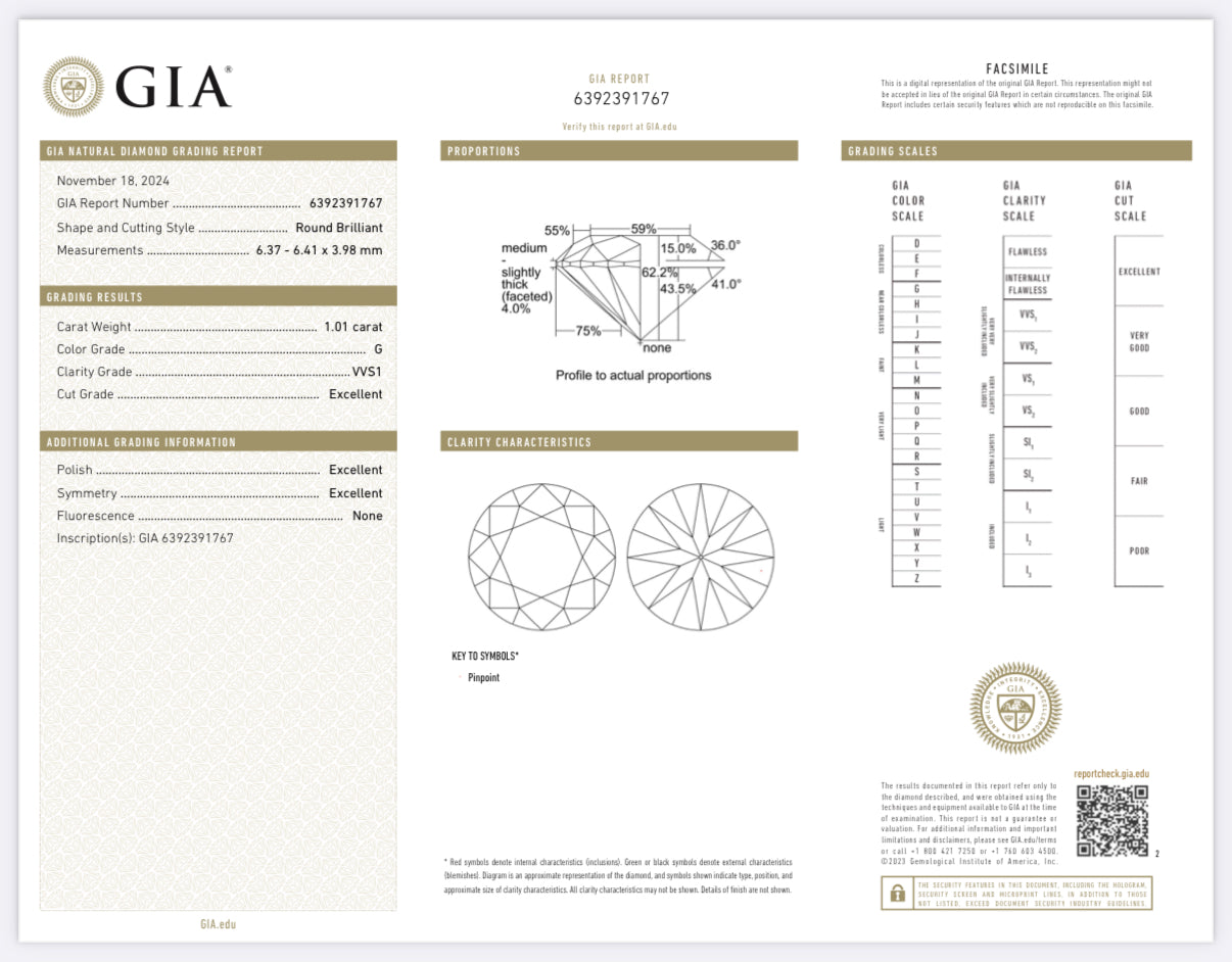 1.01 Carat Round Diamond G, VVS1 , Excellent GIA Certified 6392391767
