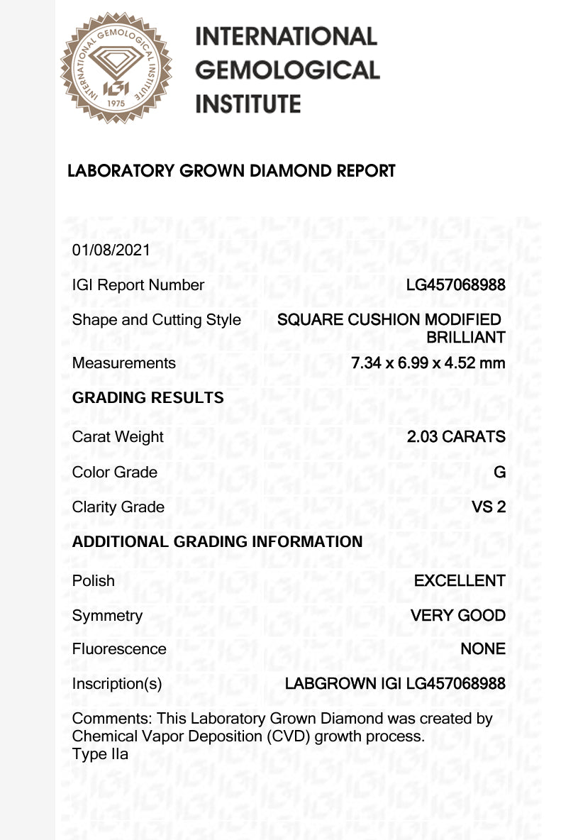 2.03 Lab Cushion Cut Diamond , Color G , Clarity VS2  Excellent and Excellent ,