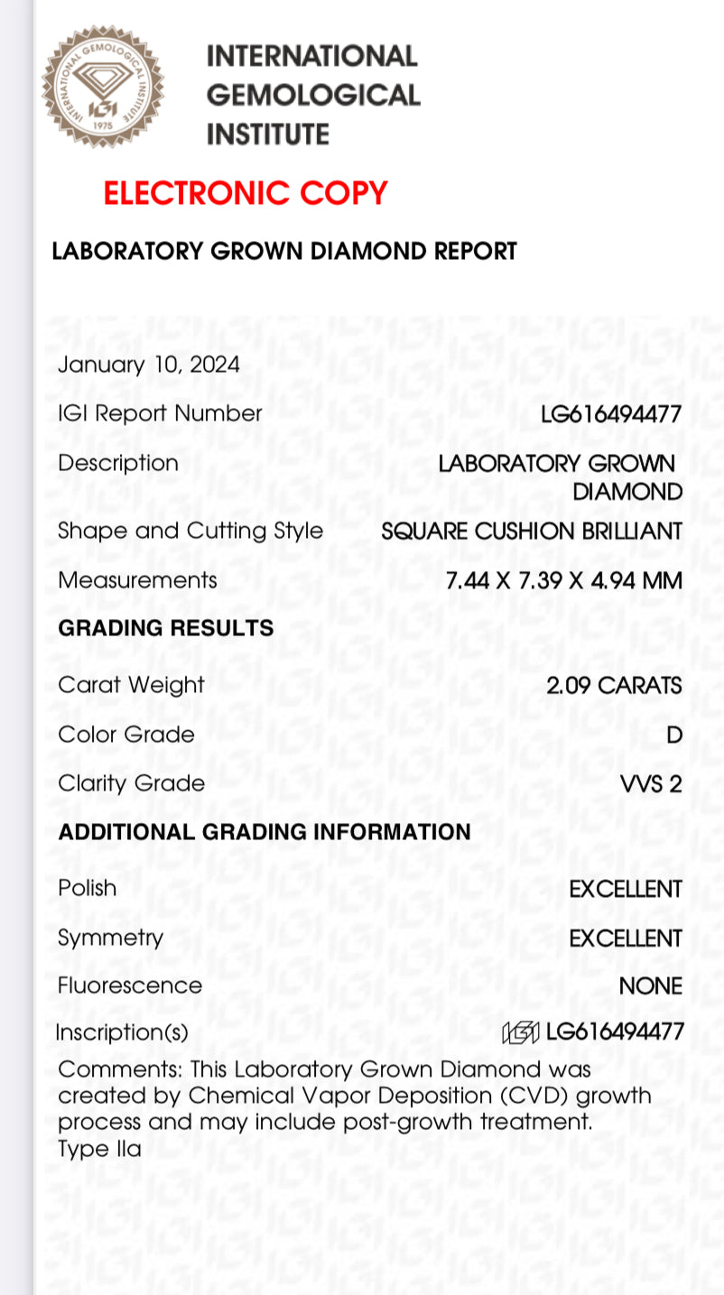 2.09 Lab Cushion Cut Diamond , Color D , Clarity VVS2  Excellent and Excellent , Certificate IGI 616494477