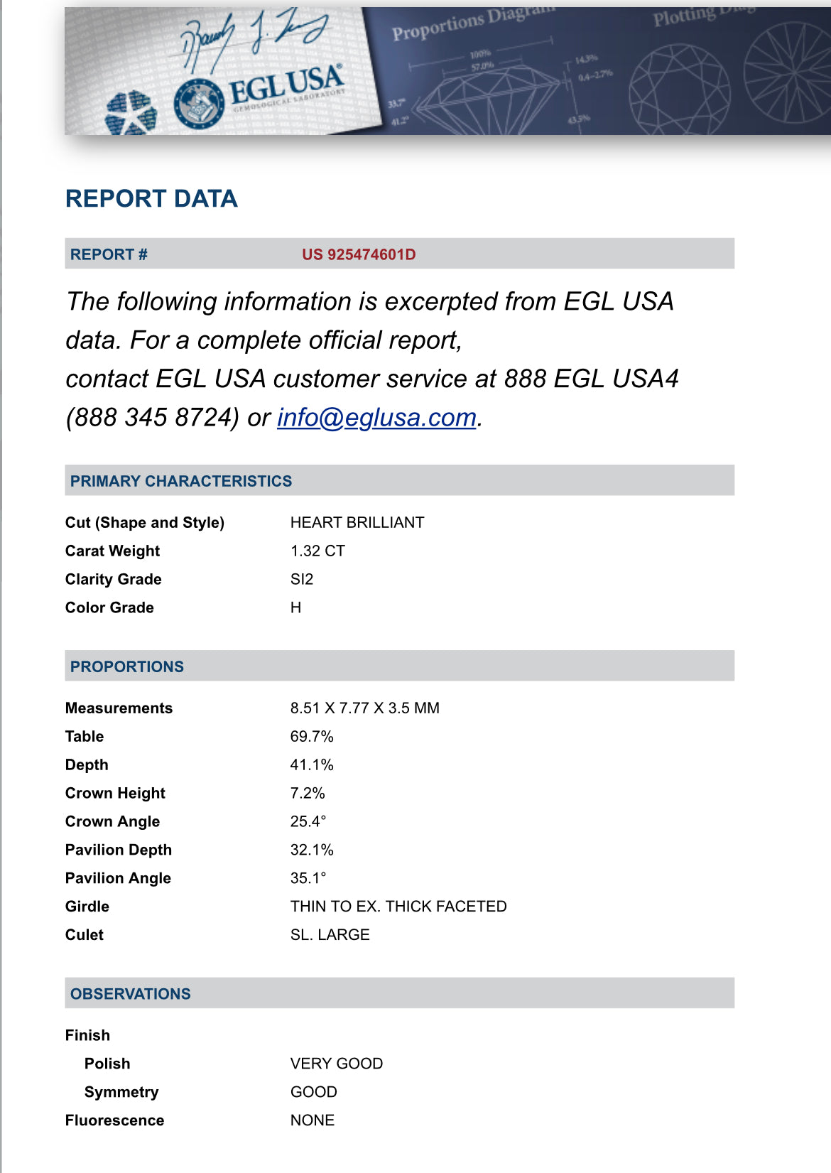 1.32 carat Natural Heart Diamond , Color H , Clarity SI2 -  EGL  #US92574601D
