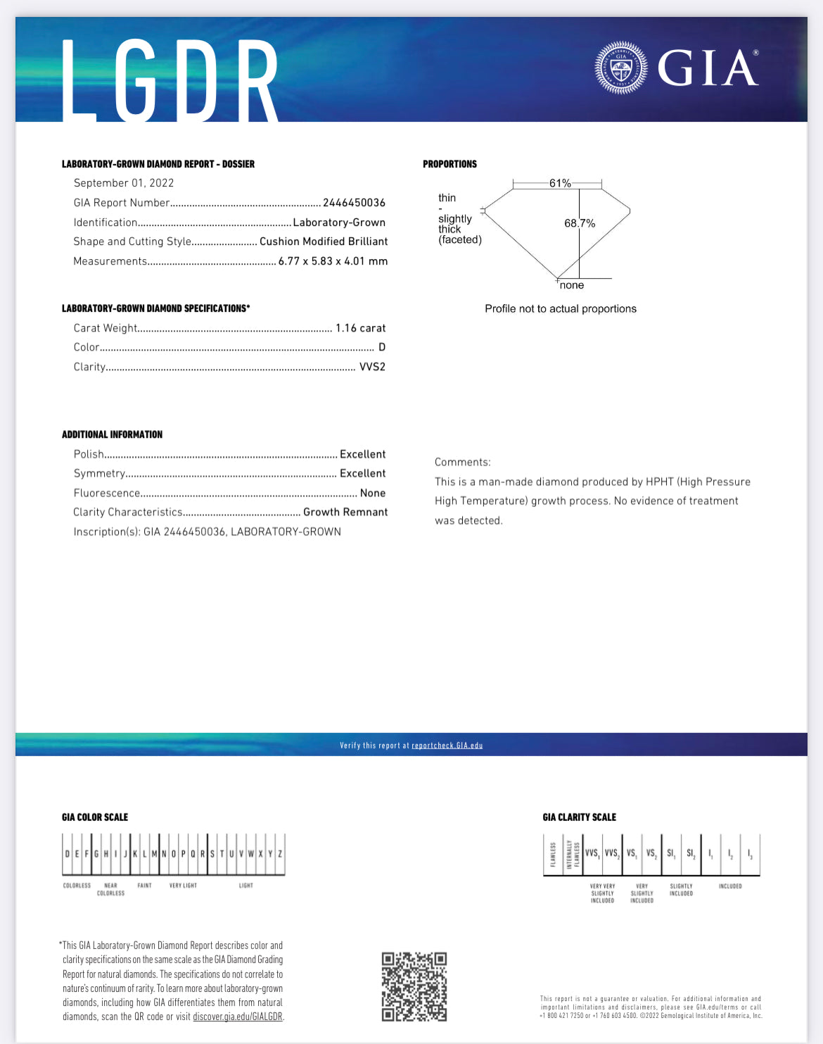 1.16 Lab Cushion Cut Diamond , Color D , Clarity VVS2 - GIA 2446450036