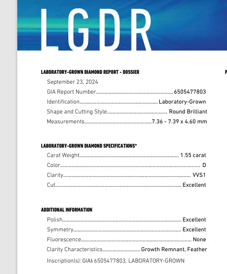 1.55 Carat Round Lab Grown Diamond, Color D  + TRIPLE EXCELLENT , certificate GIA
