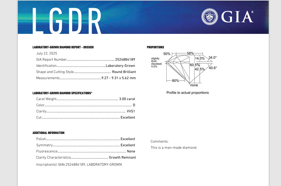 3.00 Carat Round Lab Grown Diamond, Color D, Clarity VVS1 GIA