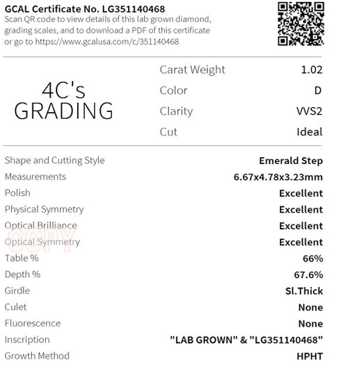 Emerald Cut 1.02 Carat Lab Grown Diamond, Color D , Clarity VV21 , IDEAL Certificate LG351140468