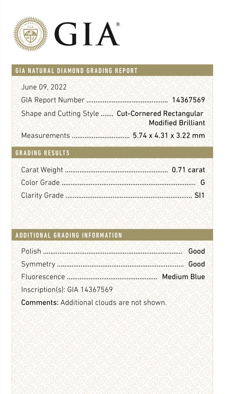 .71 carat Radiant Cut Color G, Clarity SI1 GIA Certified 14367569