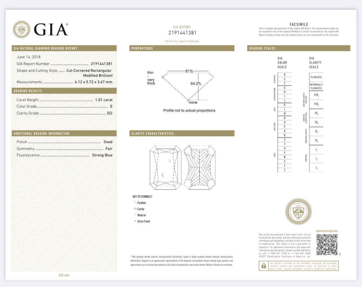 1.01 carat Radiant Cut Color E, Clarity SI2, GIA Certified 2191441381
