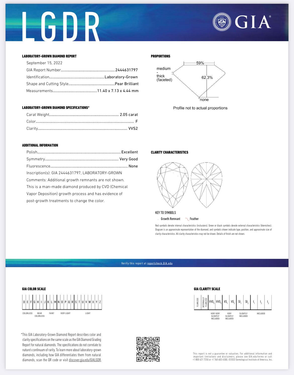 PEAR 2.05 Lab Grown Diamond , Color F , Clarity VVS2 GIA Certificate 2444631797