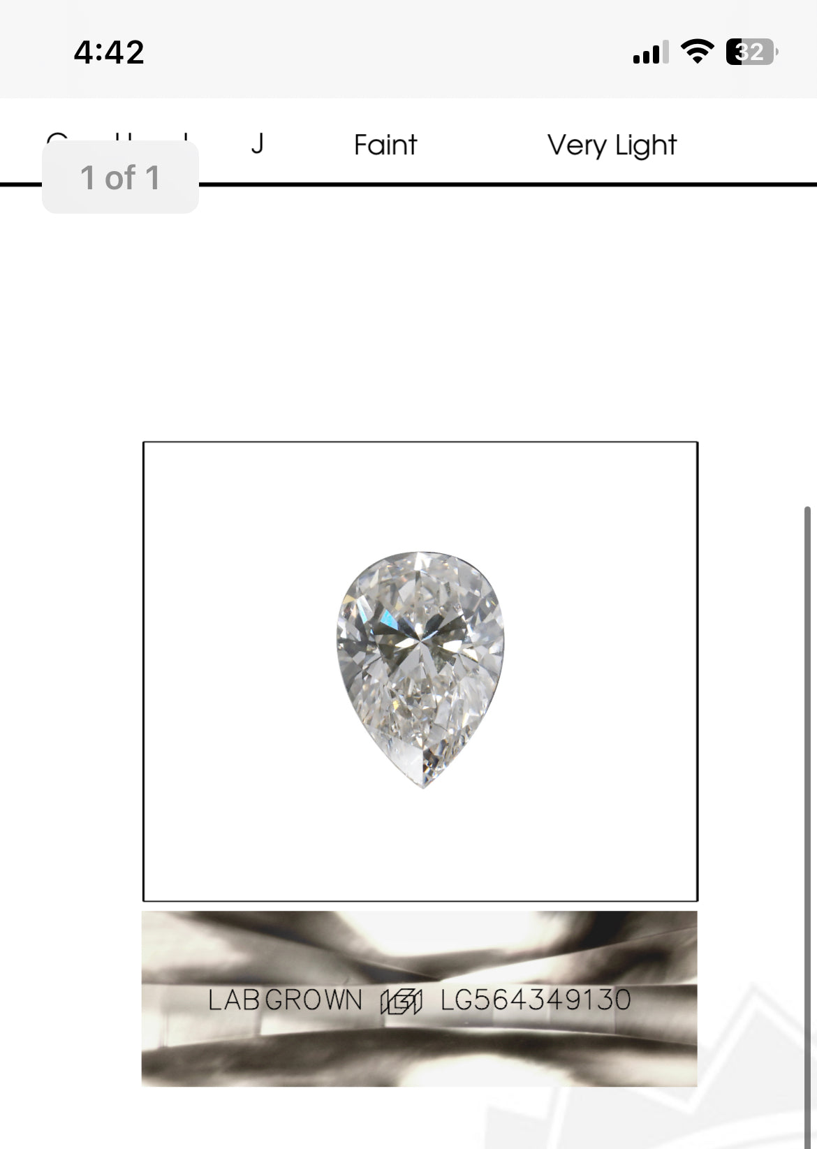 PEAR 2.21  Lab Grown Diamond , Color G , Clarity VS1, IGI Certificate LG321601371