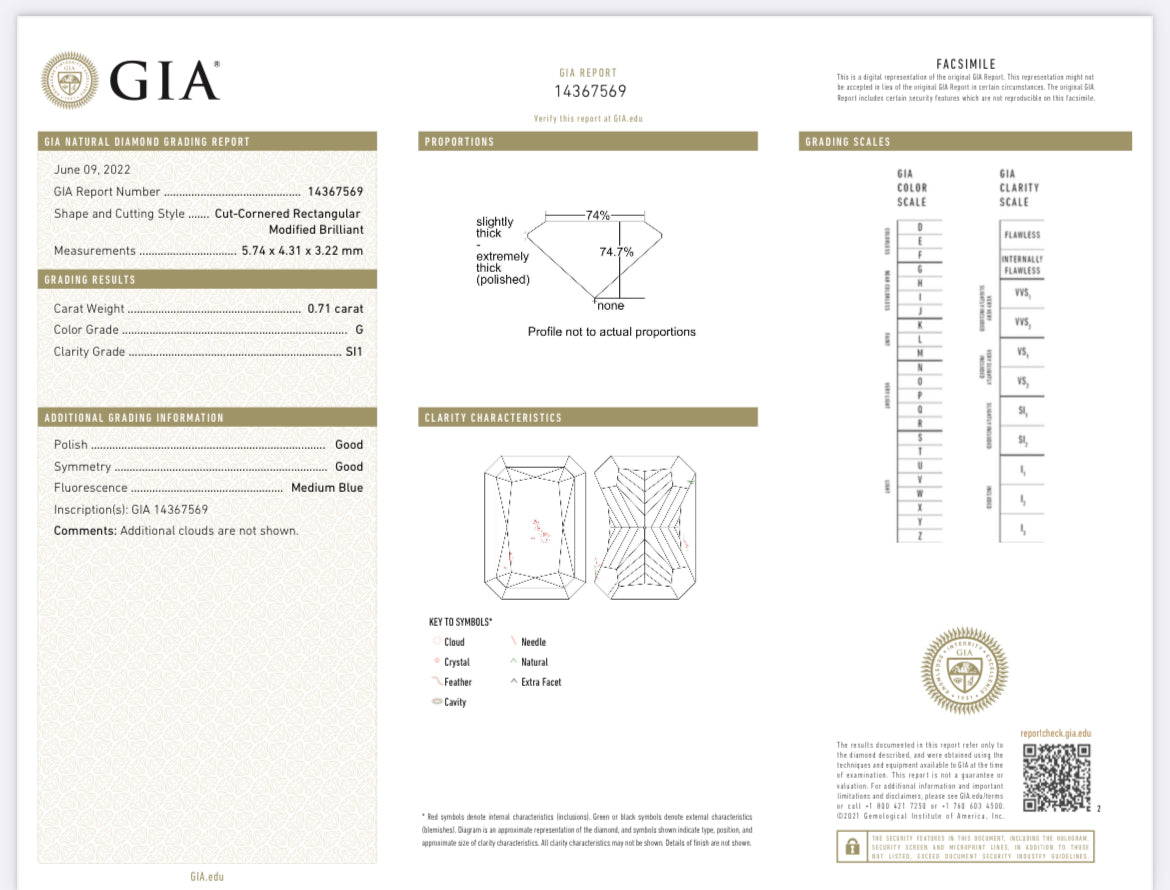 .71 carat Radiant Cut Color G, Clarity SI1 GIA Certified 14367569