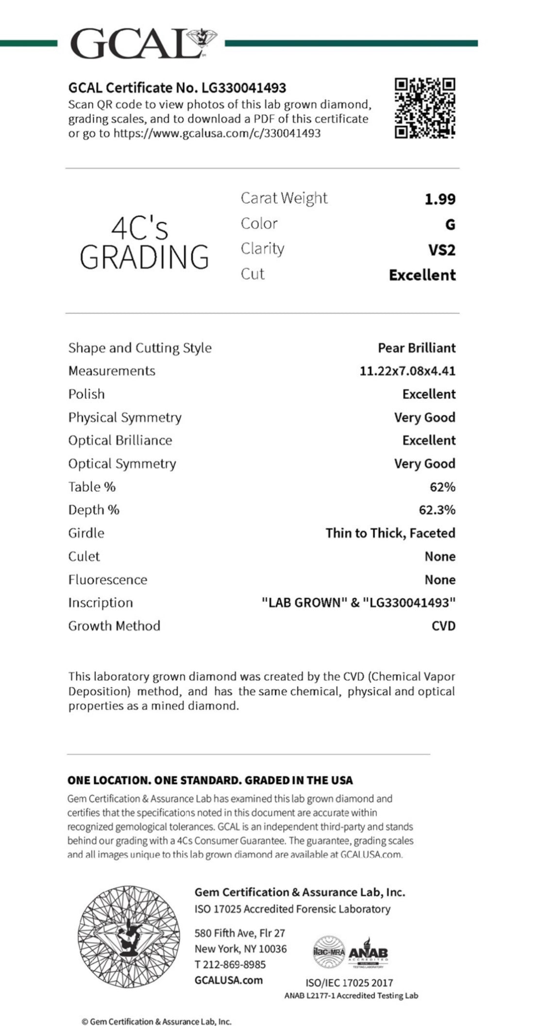 PEAR 1.99 Lab Grown Diamond , Color G , Clarity VS2,  GCAL Certificate LG330041493