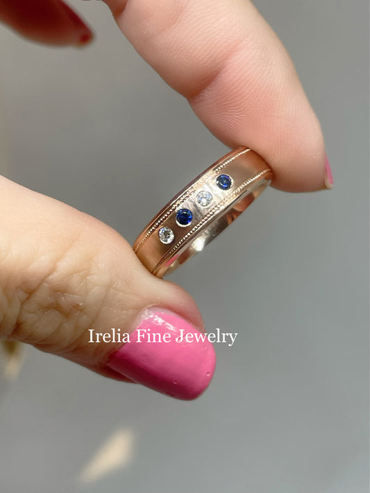 Custom 14k Rose Gold Wedding Band with Natural Blue Sapphires and Diamonds