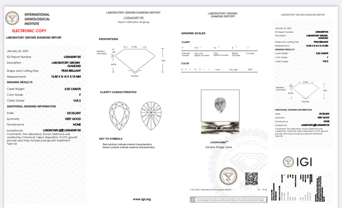 PEAR 2.21  Lab Grown Diamond , Color G , Clarity VS1, IGI Certificate LG321601371
