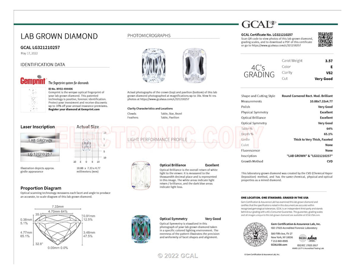 CRISS CUT CUSHION 3.57 Carat Lab Grown Diamond , Color E , Clarity VS2 , GCAL 321210257