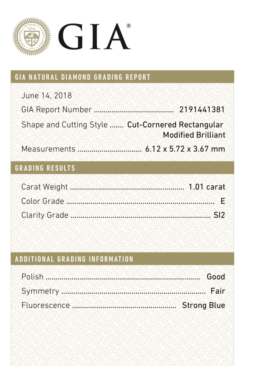 1.01 carat Radiant Cut Color E, Clarity SI2, GIA Certified 2191441381