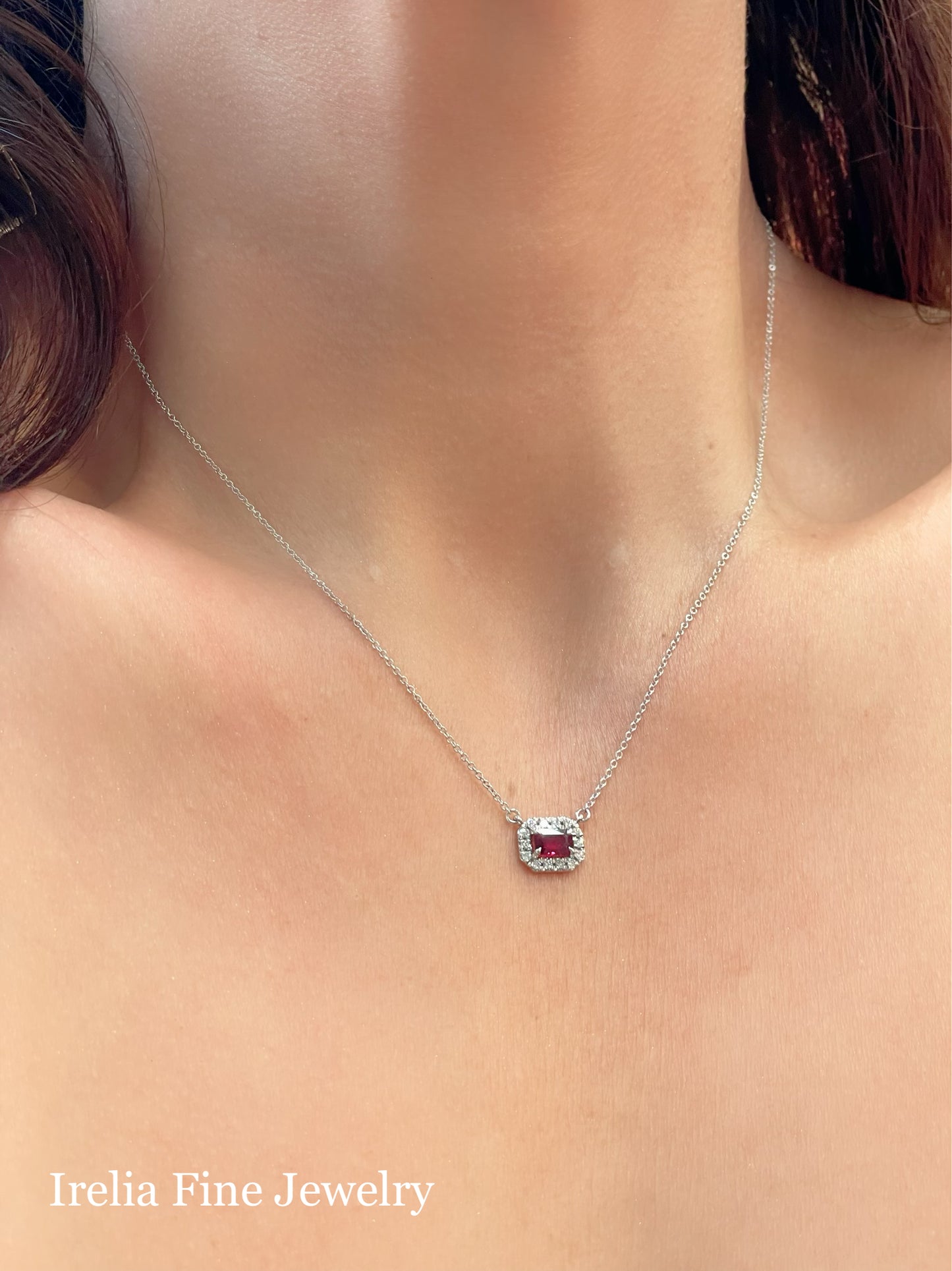 14K Yellow Gold Lab Grown Ruby Size 6x4 mm & 1/5 CTW Natural Diamond, 18" Necklace