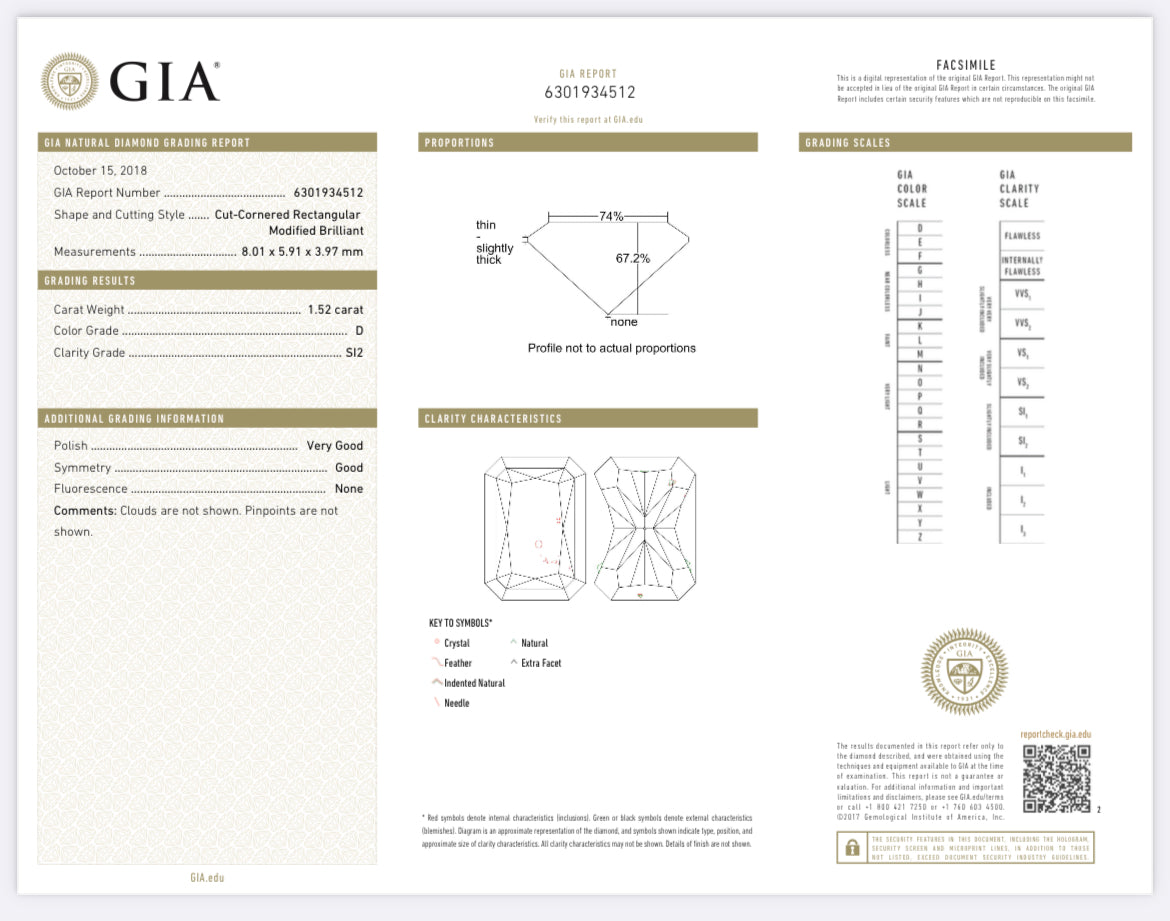 1.52 carat Radiant Cut Color D, Clarity S12, GIA Certified 6301934512