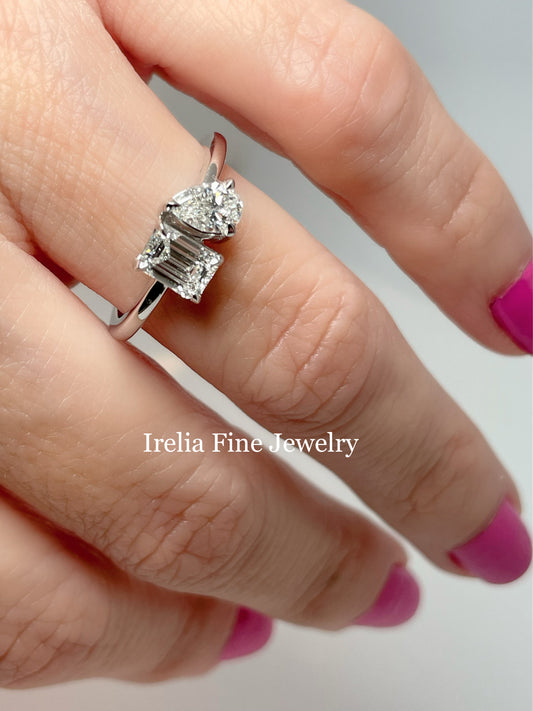 1.00 Carat Pear and Emerald Cut Lab Diamond Ring, 14k White Gold