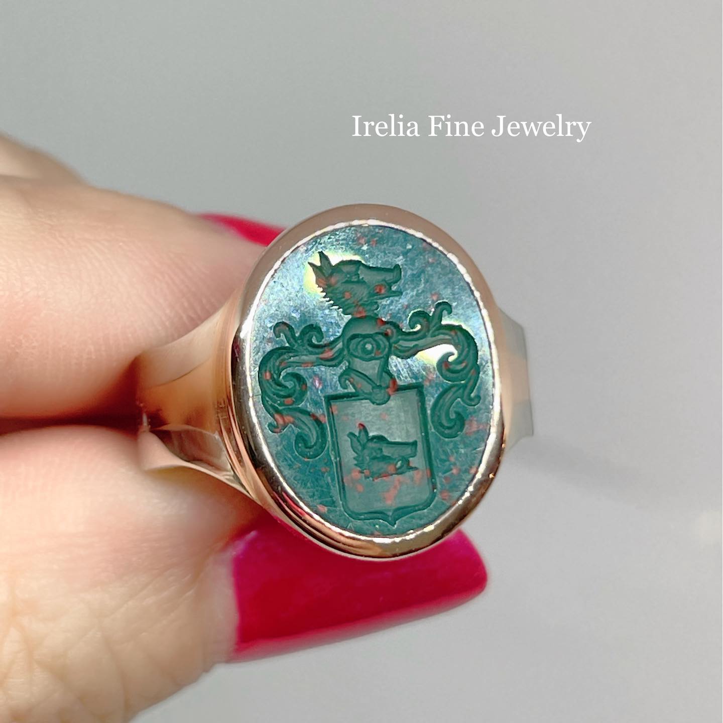 Custom Two-Tone Signet Ring in 14k Rose Gold & Platinum - Family Crest Stone Provided By Client