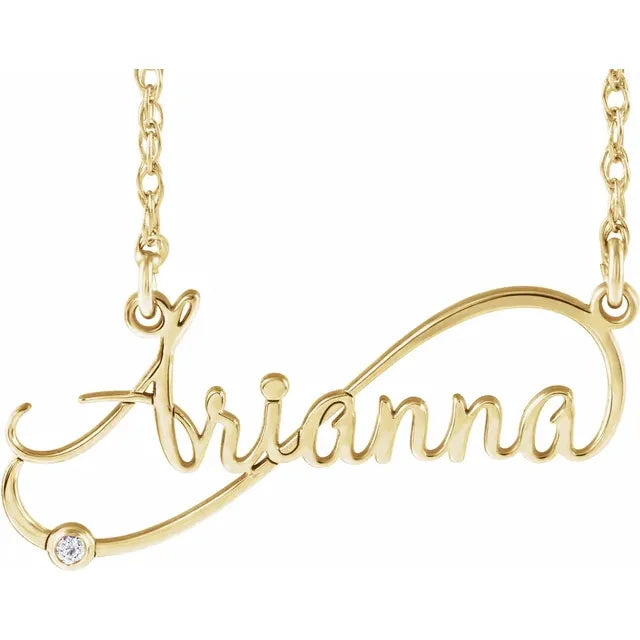 14K Yellow .015 CTW Diamond Infinity-Inspired Script Nameplate Necklace