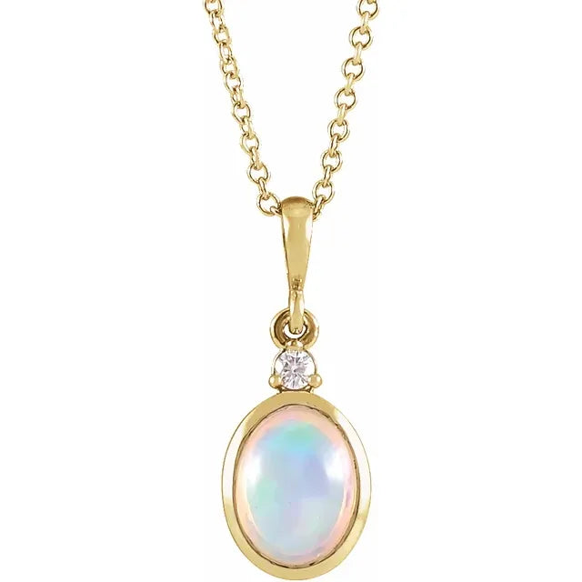 14K Yellow Gold Natural White Ethiopian Opal & .015 CT Natural Diamond, with 16-18" Necklace