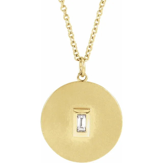 14K Yellow .08 CT Baguette Diamond Disc Pendant, comes with Adjustable chain