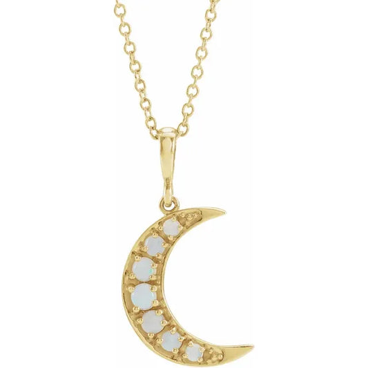 14K Yellow Gold Natural White Opal Cabochon Crescent Moon, comes with 14k yellow gold adjustable chain