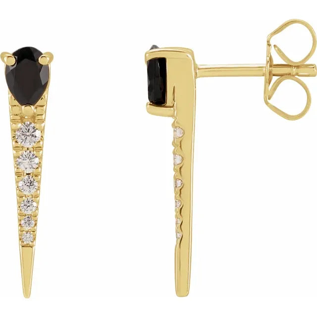 Small 14K Yellow Gold Natural Black Onyx with 1/8 CTW Natural Diamond Spike Earrings