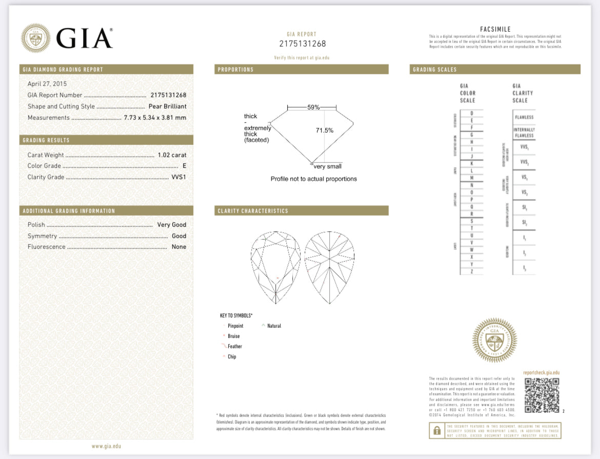 1.02 Carat Pear Shape  Diamond E , VVS1 , GIA Certified 2175131268 //