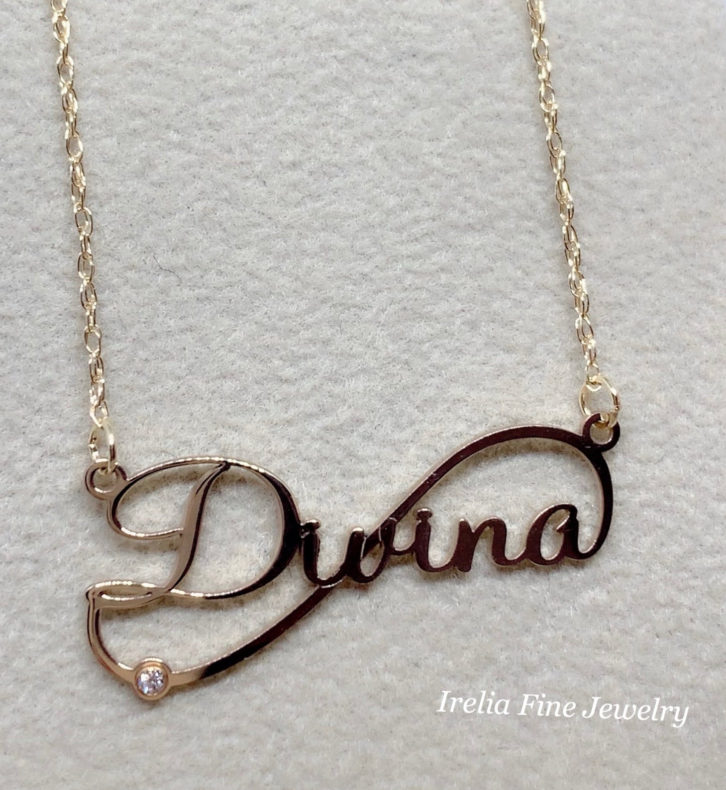 14K Yellow .015 CTW Diamond Infinity-Inspired Script Nameplate Necklace