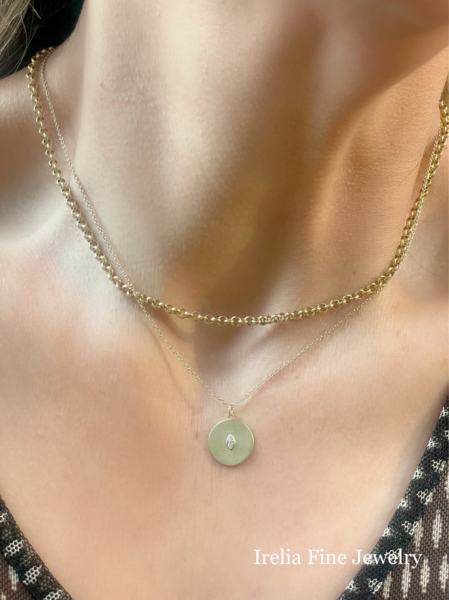 14K Yellow .08 CT Marquee Diamond Disc Pendant, comes with Adjustable chain