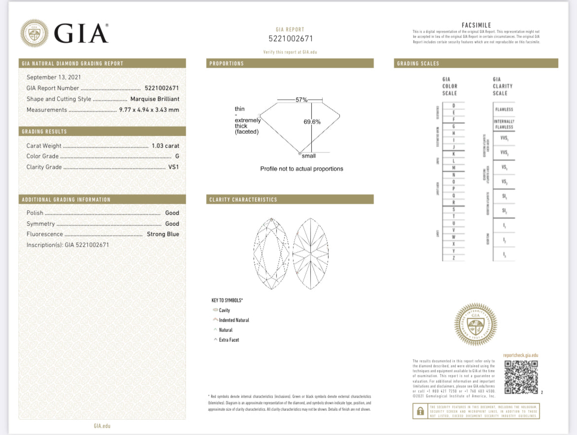 1.03 carat Marquise Diamond G, VS1 , GIA CERTIFICATE 5221002671