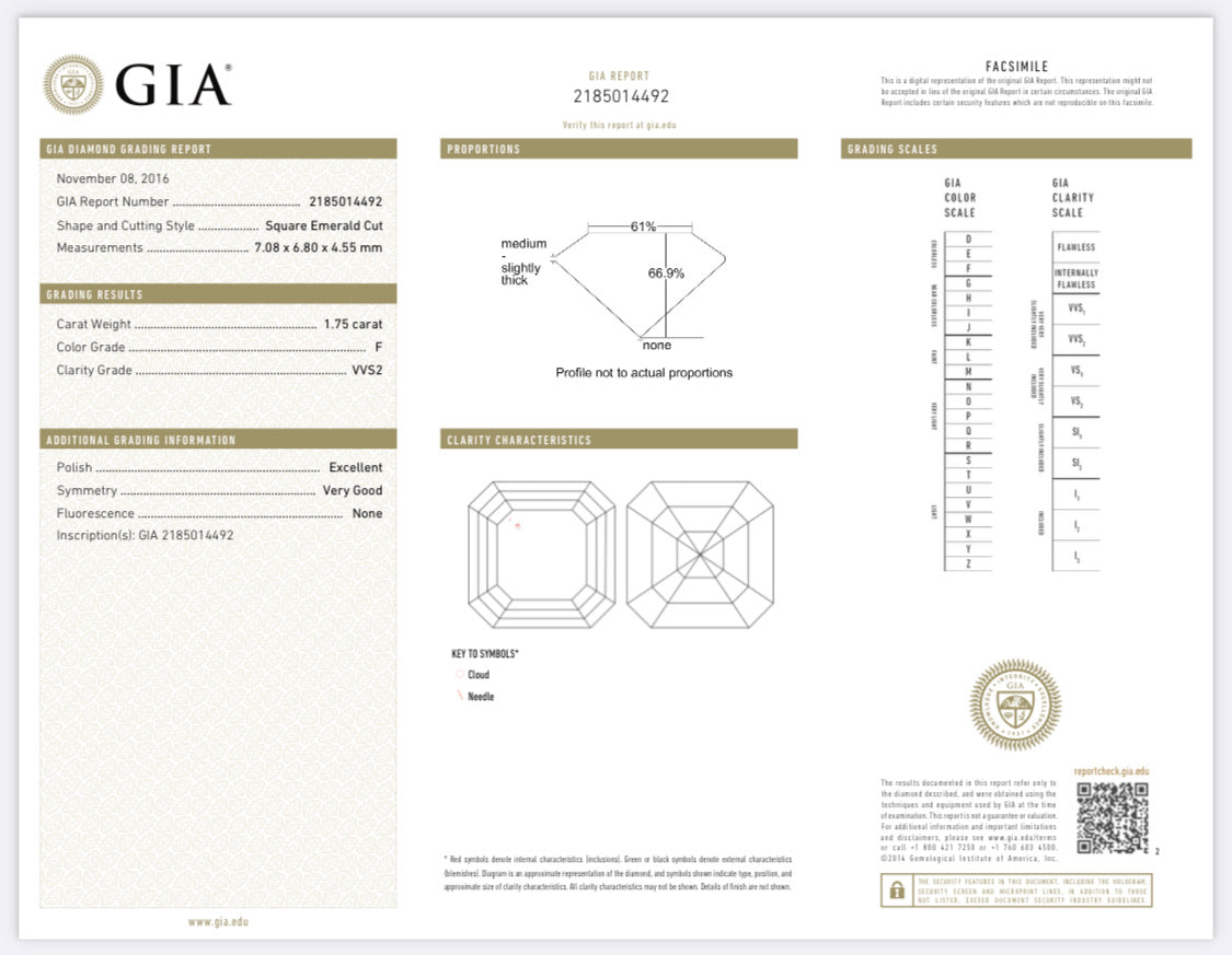 1.75  Carat Asscher Cut Diamond F , VVS2 , GIA CERTIFICATE 3231100313 Total PRICE $19,480.00/ DEPOSITED REQUESTED