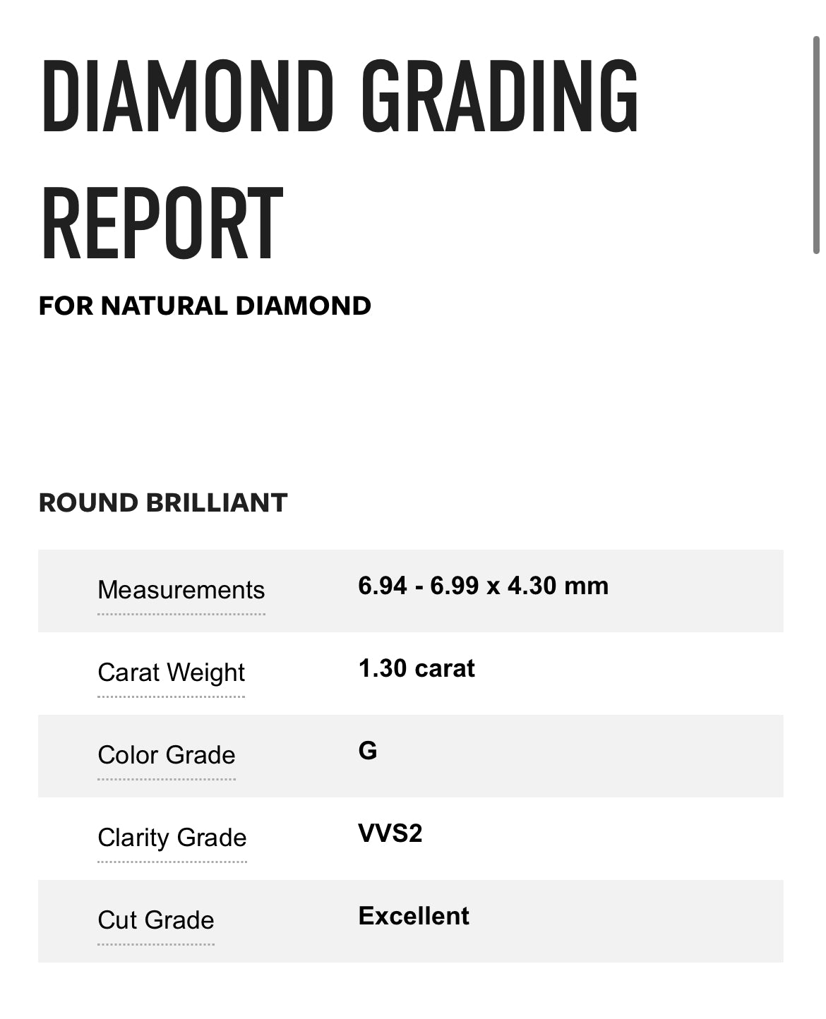 1.30 Carat Round Diamond G , VVS2 , GIA Certified 1182535733- TRIPLE EXCELLENT