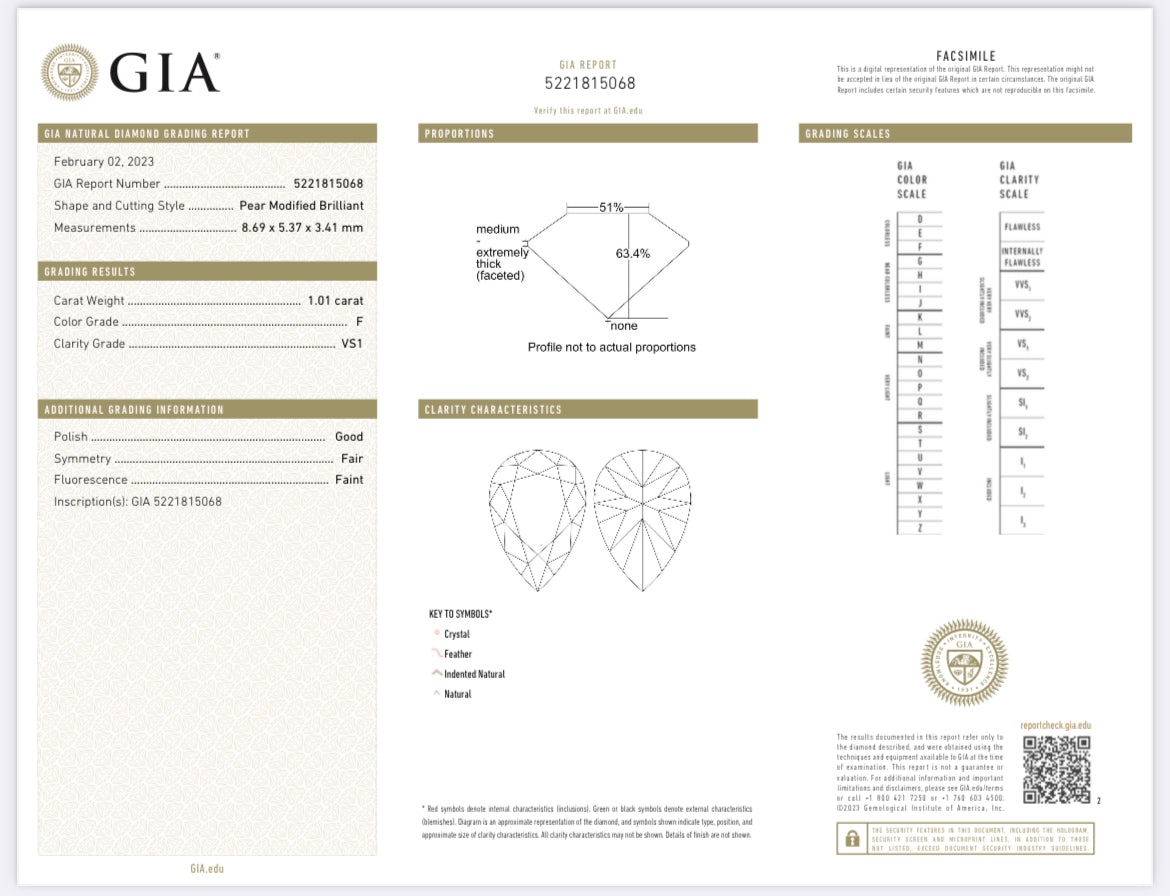 1.01 Carat Pear Shape  Diamond F, VS1 , GIA Certified 5221815068