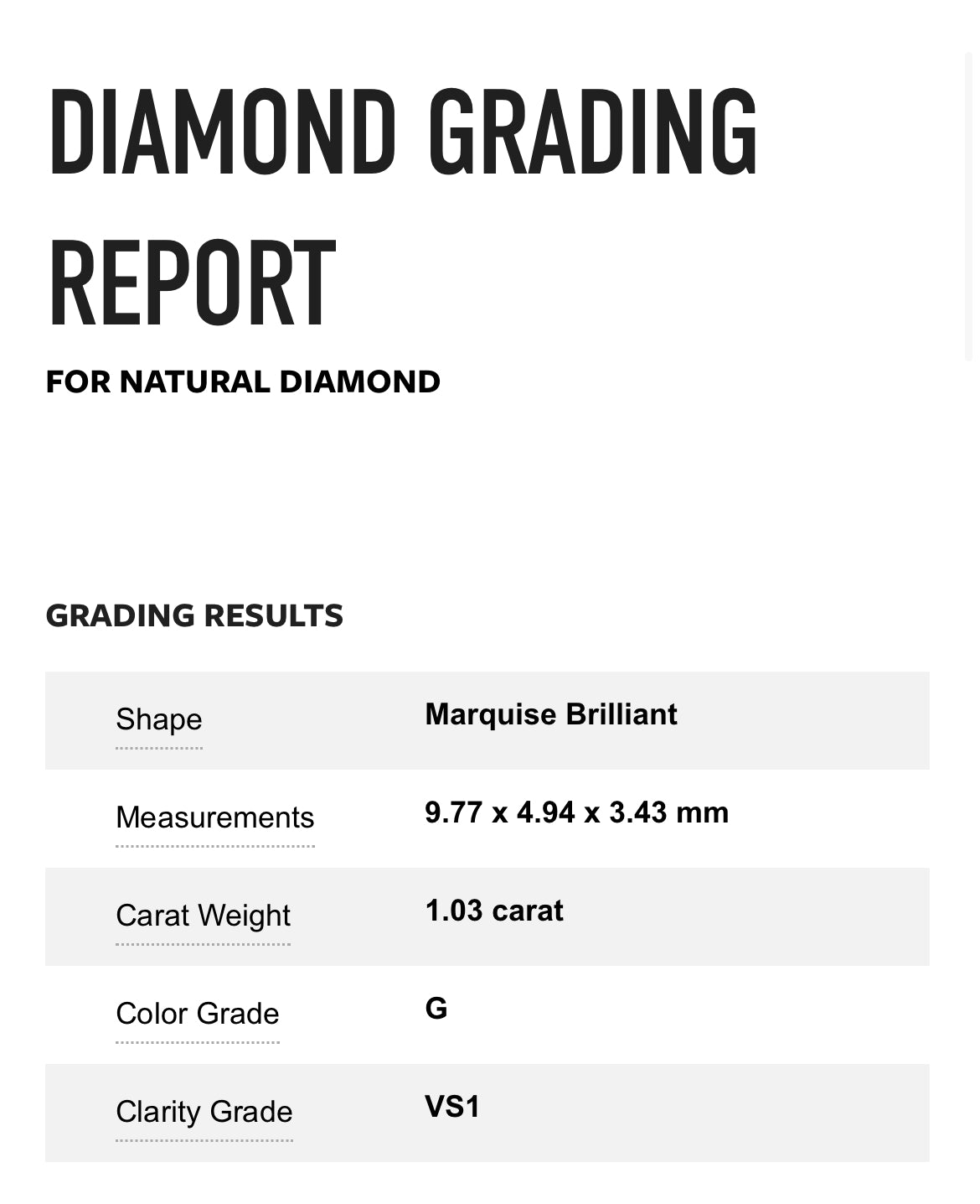 1.03 carat Marquise Diamond G, VS1 , GIA CERTIFICATE 5221002671