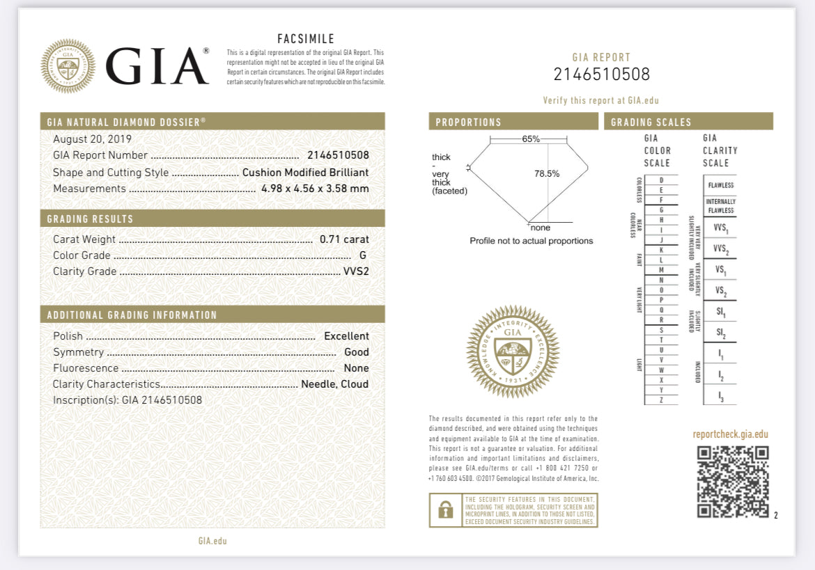 .71 Carat Cushion Cut Diamond G ,VVS2 , GIA Certified 2146510508