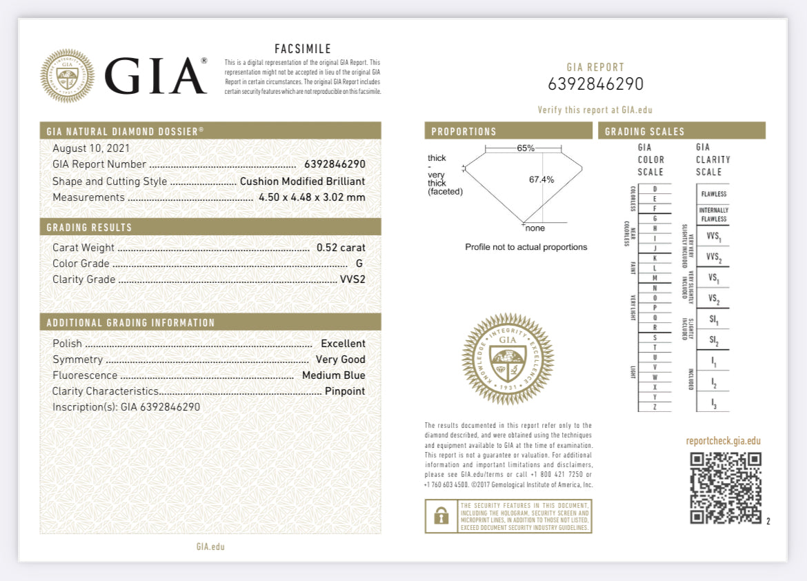 .52 Carat Cushion Cut Diamond G ,VVS2 , GIA Certified 6392846290