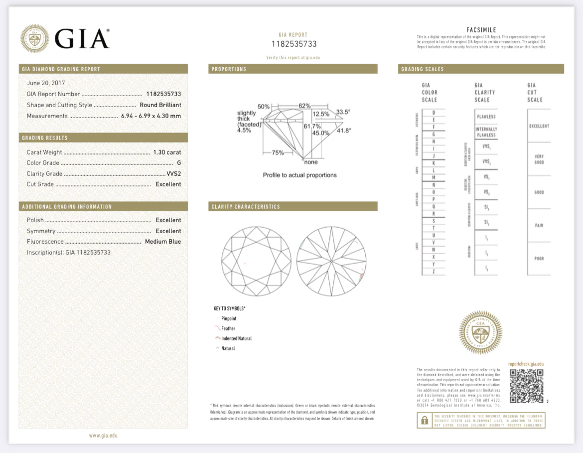 1.30 Carat Round Diamond G , VVS2 , GIA Certified 1182535733- TRIPLE EXCELLENT