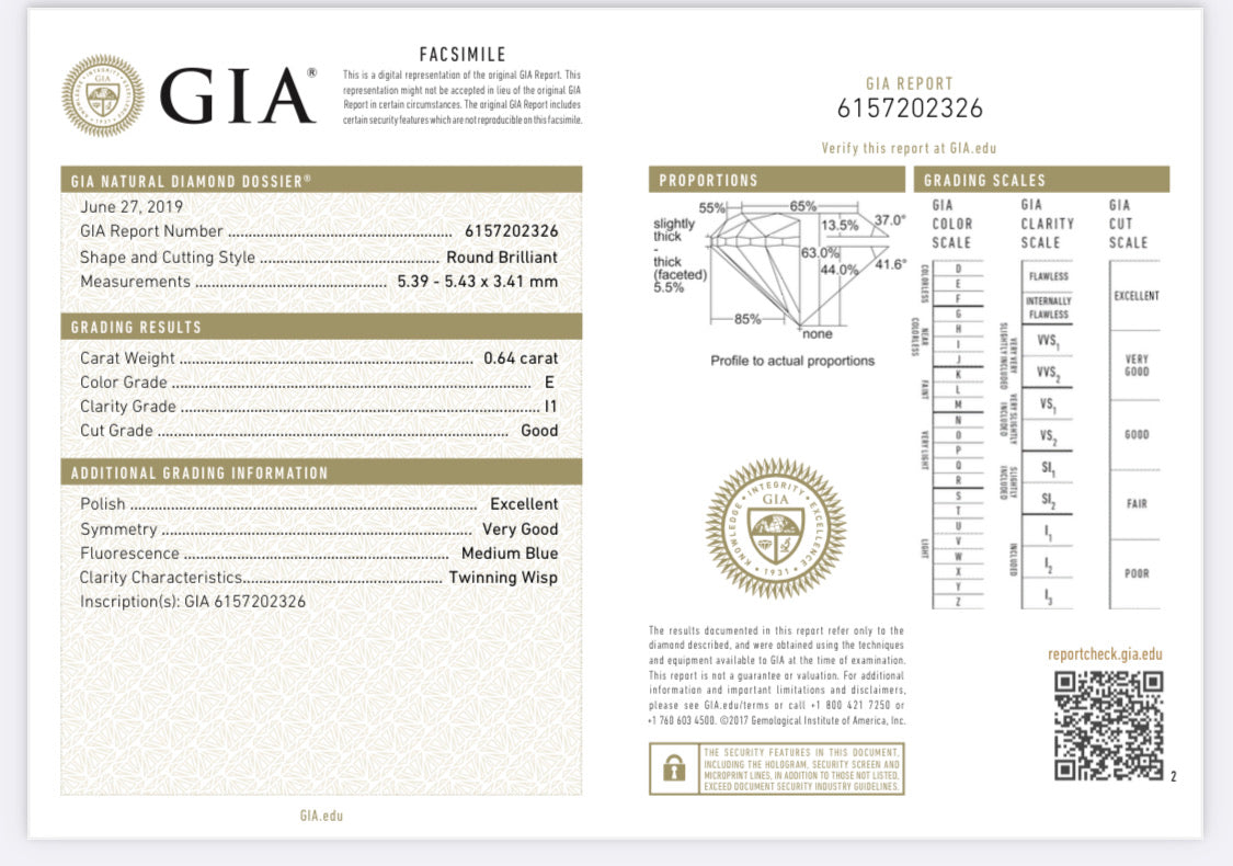 .64 Carat Round Diamond E , I1 , GIA Certified 6157202326