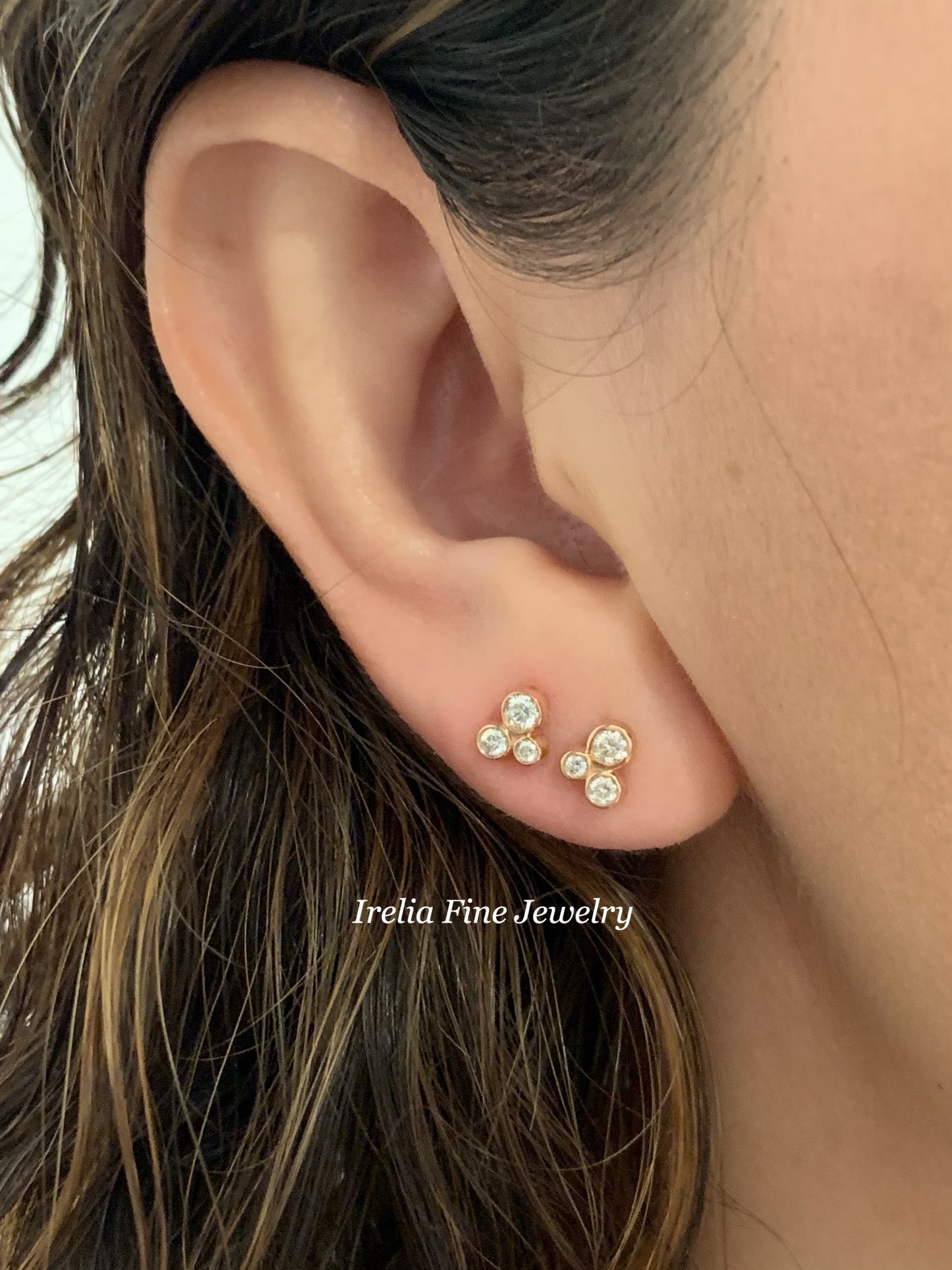 3 Diamond Cluster Stud Earring , Small Diamond Cluster Earrings , Round Diamond , Irelia Fine Jewelry 