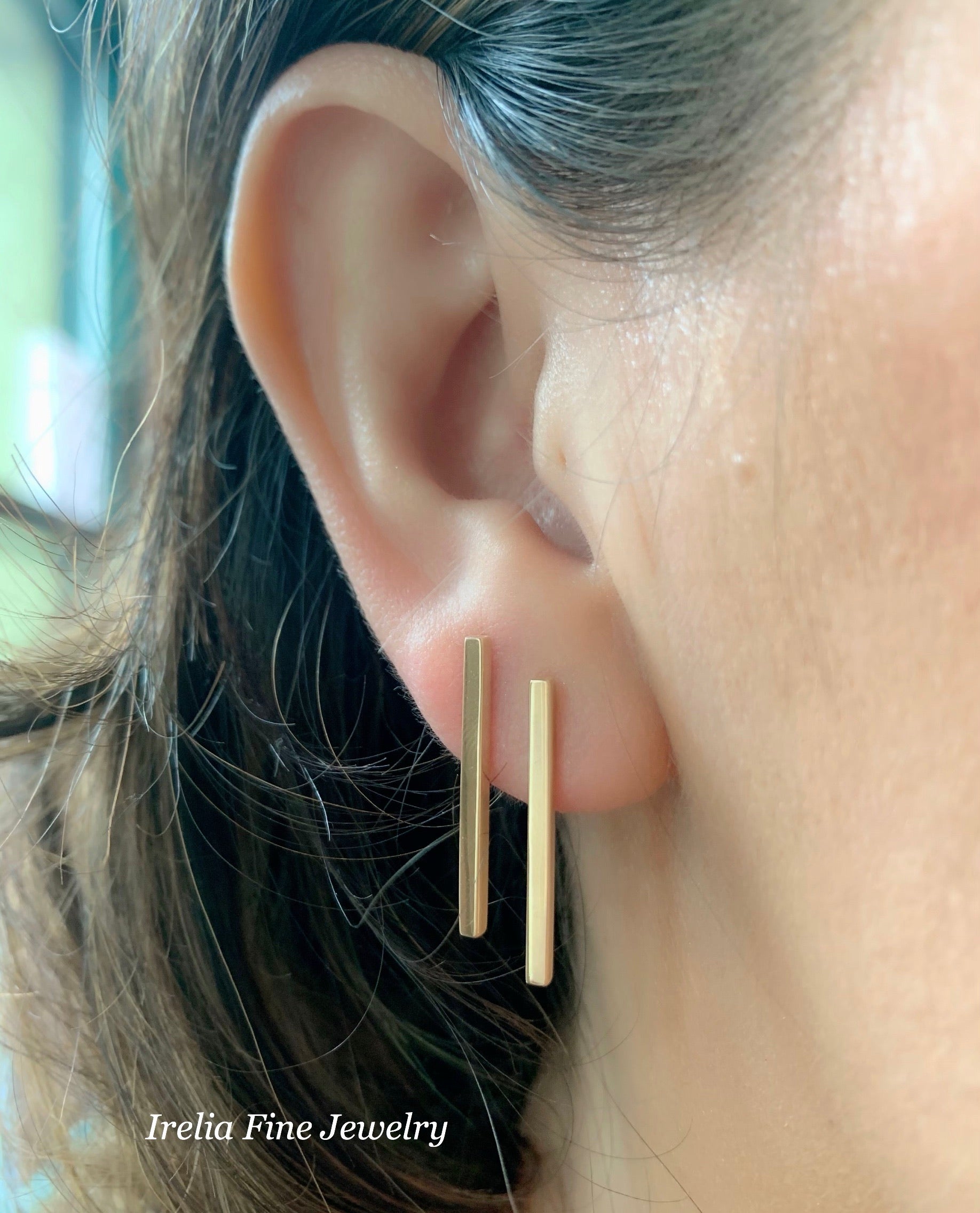 14k Bar Gold Earrings , Drop down bar earring , minimalist Jewelry , geometric style gold earring , Irelia Fine Jewelry , Irelia 