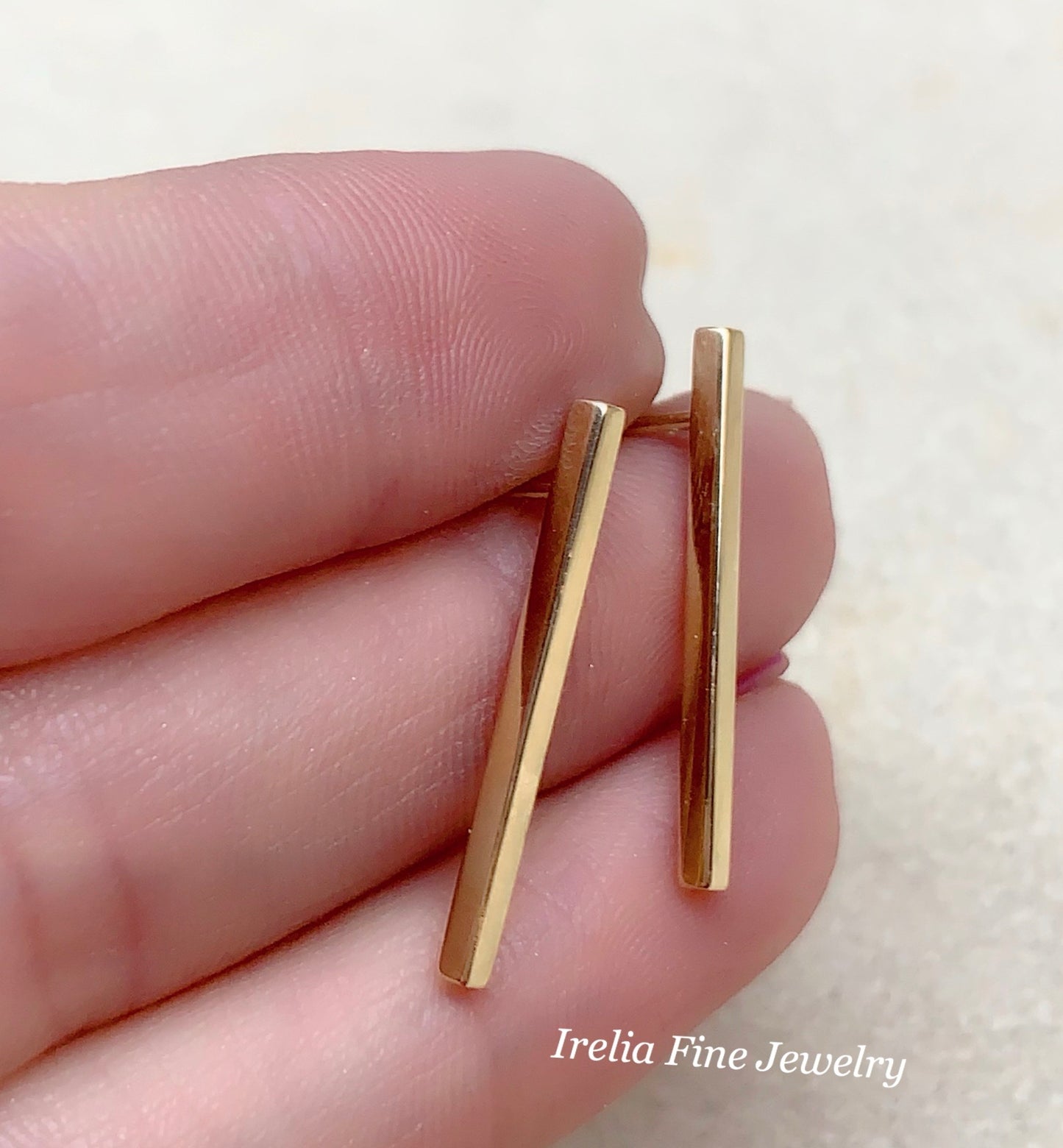 14k Bar Gold Earrings , Drop down bar earring , minimalist Jewelry , geometric style gold earring , Irelia Fine Jewelry , Irelia , Solid bar earrings 