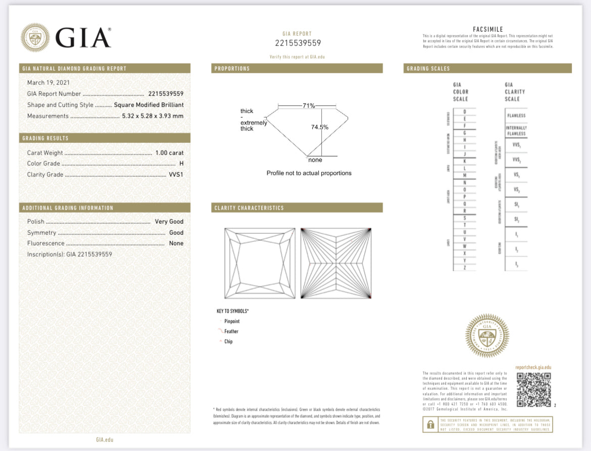 1.00 Carat Princess Cut Diamond H , VVS1 , GIA Certified 221559559