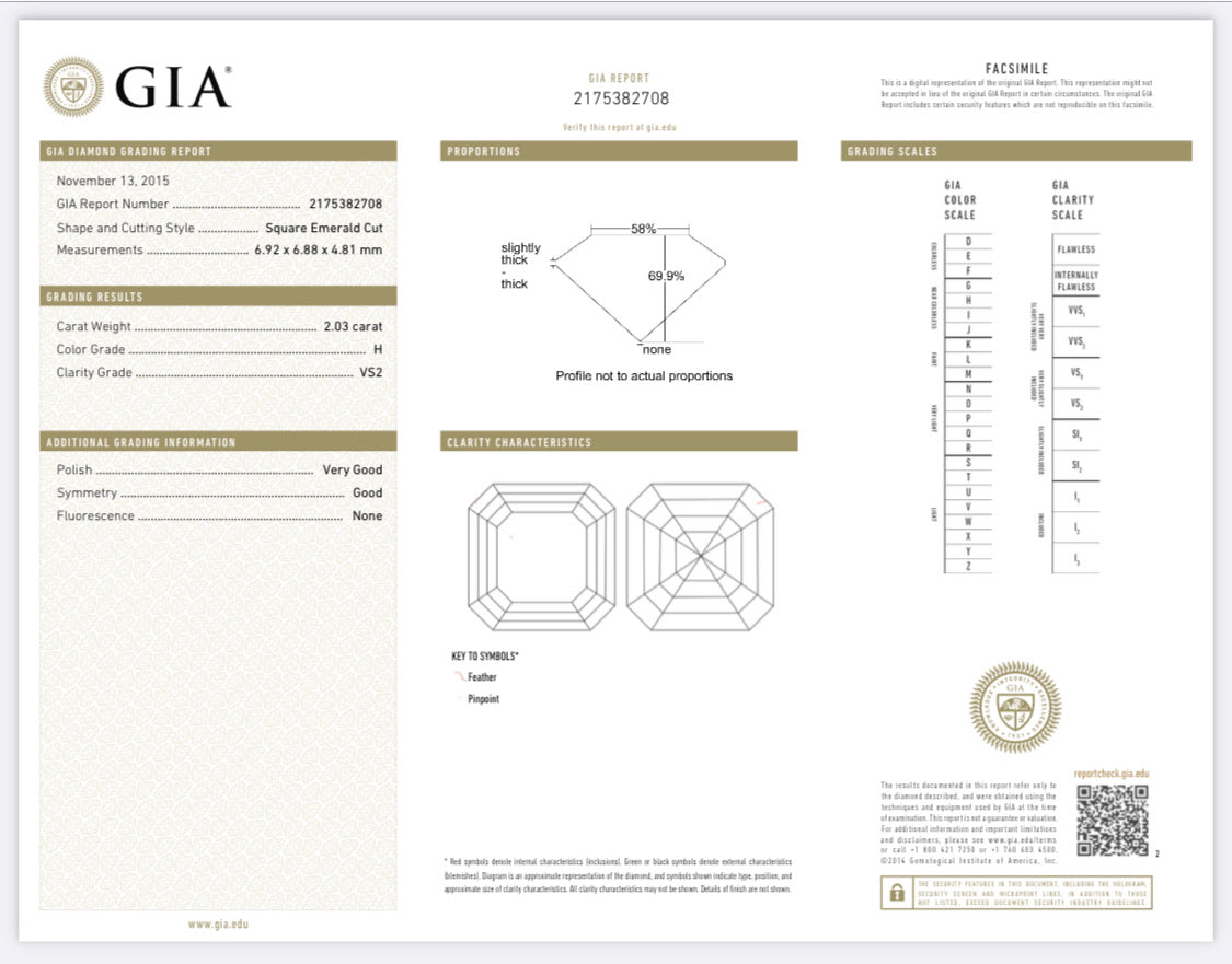 2.03 Carat Asscher Cut Diamond H , VS2 , GIA CERTIFICATE 2175382708   Total PRICE $19,120.00 / DEPOSITED REQUESTED