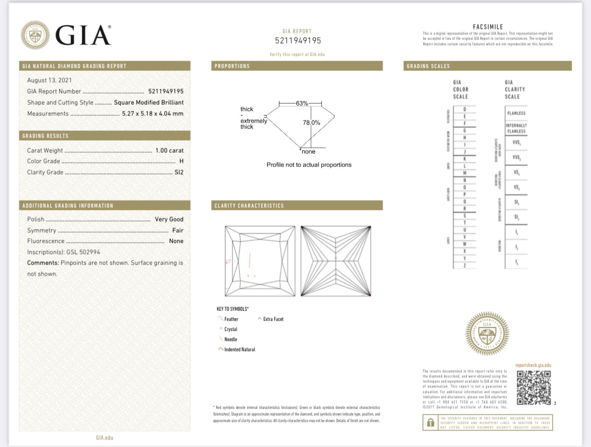 1.00 Carat Princess Cut Diamond H , SI2 , GIA Certified 5211949195